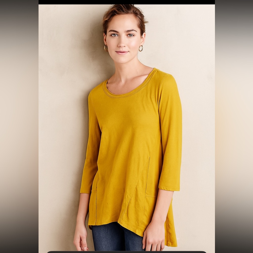 Maeve by Anthropologie Golden Yellow Quarter Length Sleeve Layered Statement Top